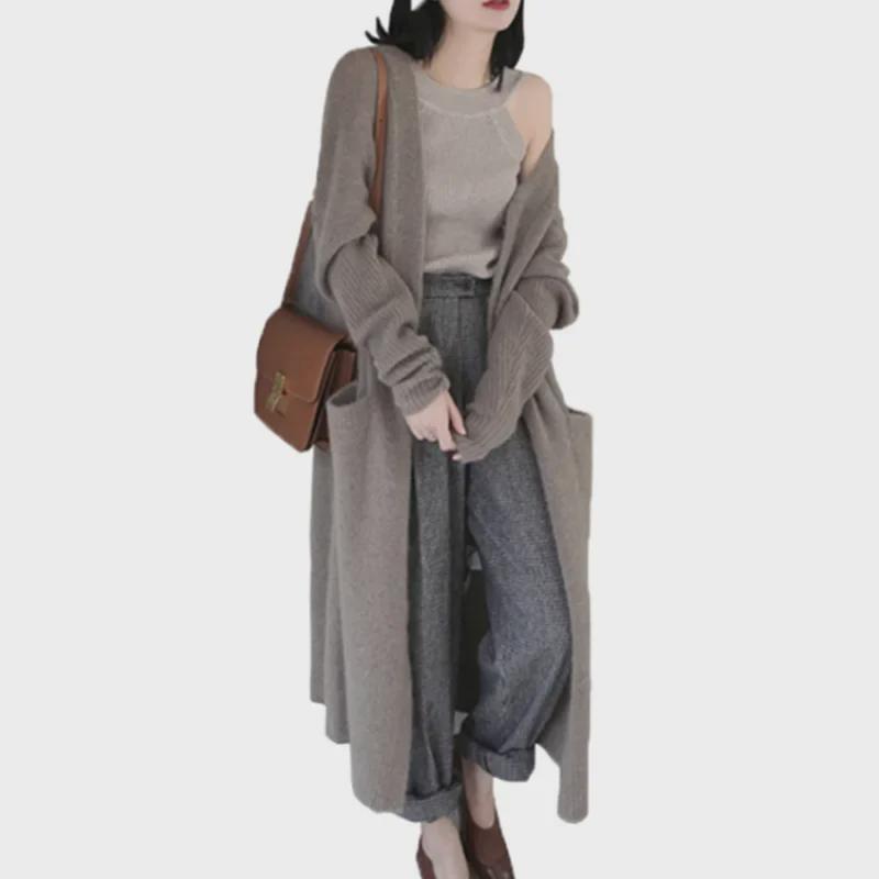 Fall/Winter 2025 Women's Korean Loose Knit Cardigan - Solid Color, Long Sleeve, Mid-Length, Thickened Sweater Coat