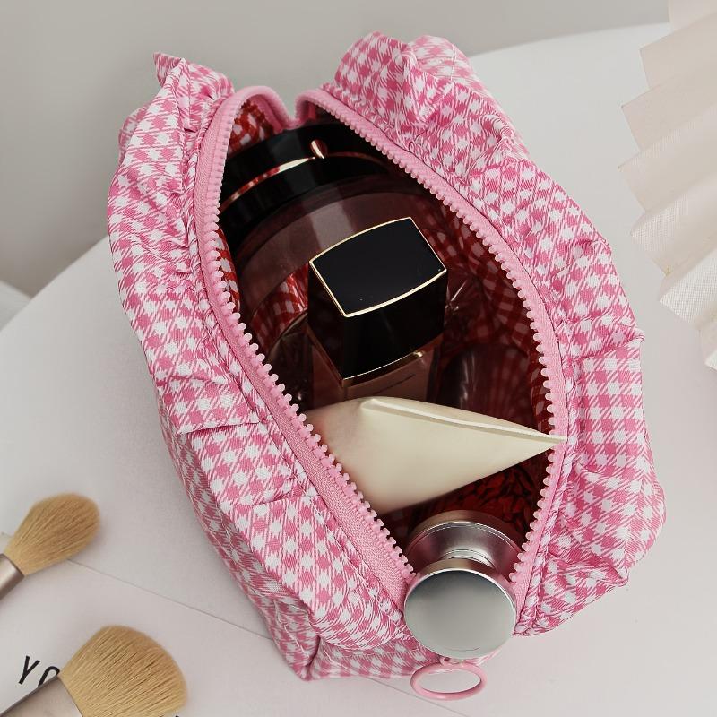 Plaid Quilted Makeup Bag, Large Capacity Portable Travel Toiletry Pouch