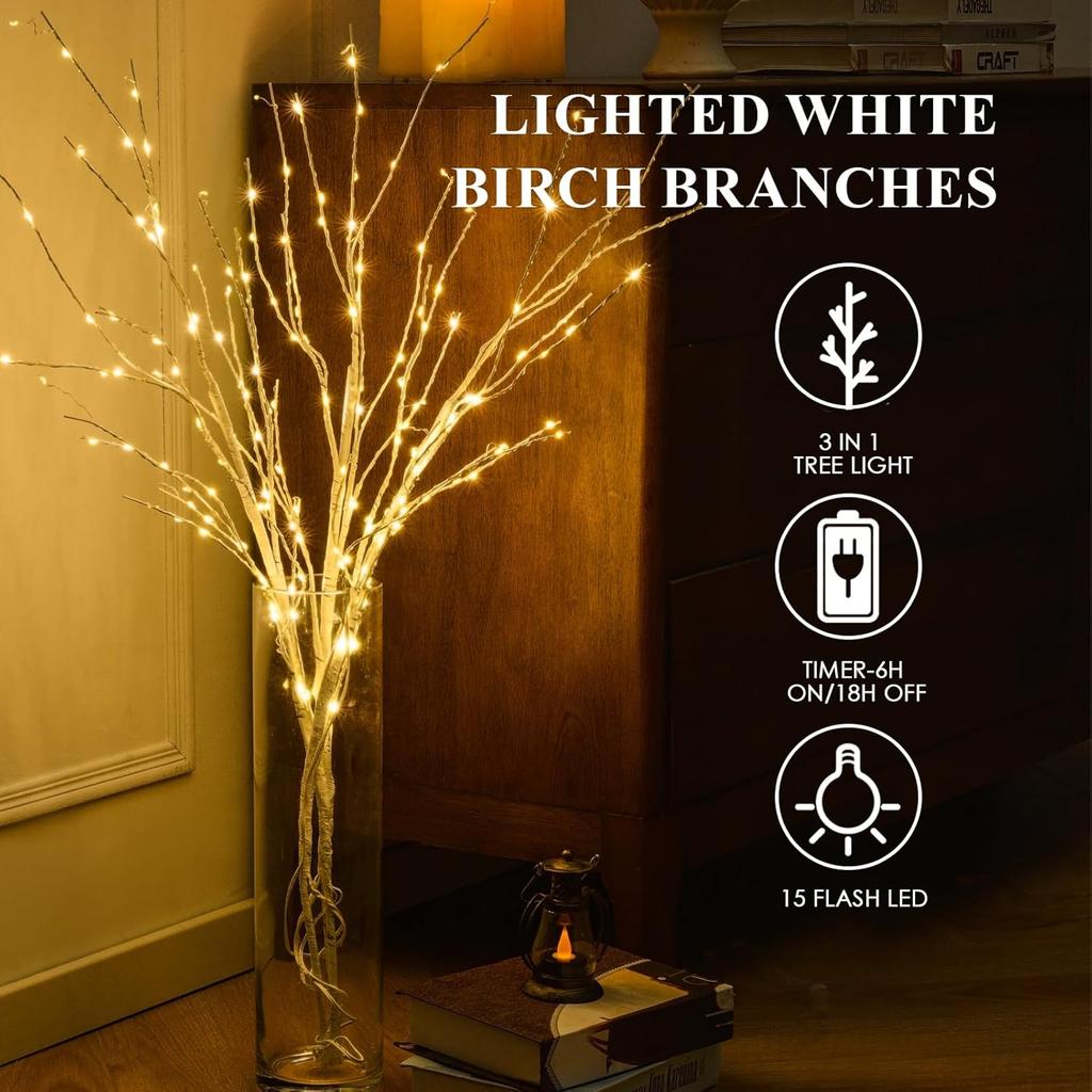 Lighted White Birch Branches with Timer 33IN 180 LED Twig Birch Branches for Vase Chriatmas Decor Artificial Birch Tree Branch Holiday Parent (Birch