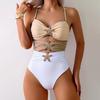 Vintage White Khaki Patchwork Swimwear Women 2026 Starfish Ornament Hollow Pleate One Piece Swimsuit Beach Bathing Suit Monokini