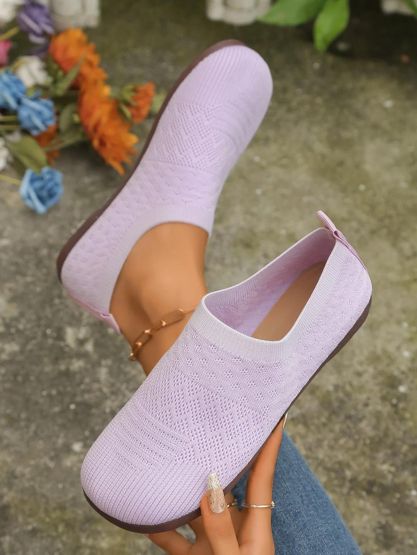 2024 Женские туфли на плоской подошве Летние однотонные вязаные нескользящие туфли — фото 7