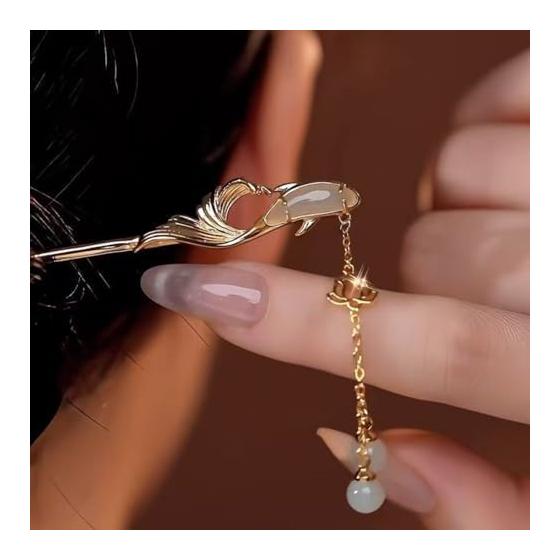 Kanzashi Hair Stick with Flower and Pearl Charm - Koi Design, Cubic Zirconia, 16cm, Gift