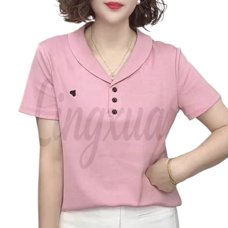 2026 Summer Women's Pure Cotton Short Sleeve Lapel T-shirt for Middle-Aged and Young Mothers - Casual, Loose Fit, Versatile Top