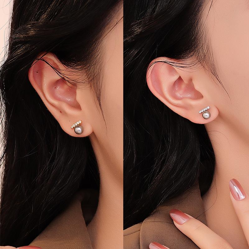S925 Sterling Silver Inlaid CZ Gray Pearl Earrings for Women 2025 New Style Simple Unique Temperament Ear Accessories