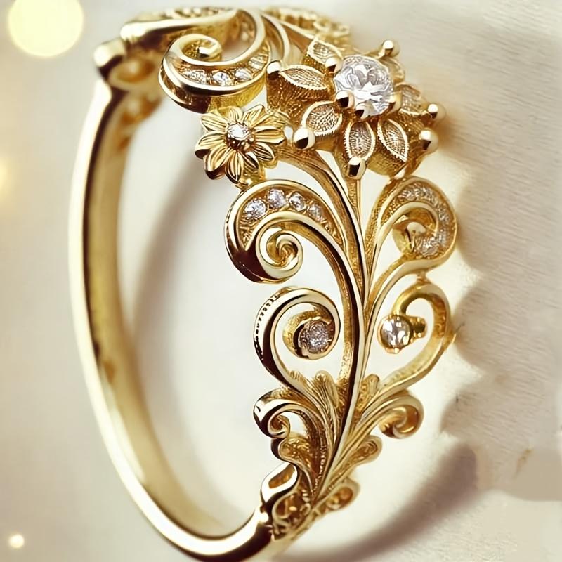 Golden Retro Floral Pattern Inlaid with Circular Synthetic Zircon Ring for Women To Wear Daily Yanhui Jewelry Accessories Gifts