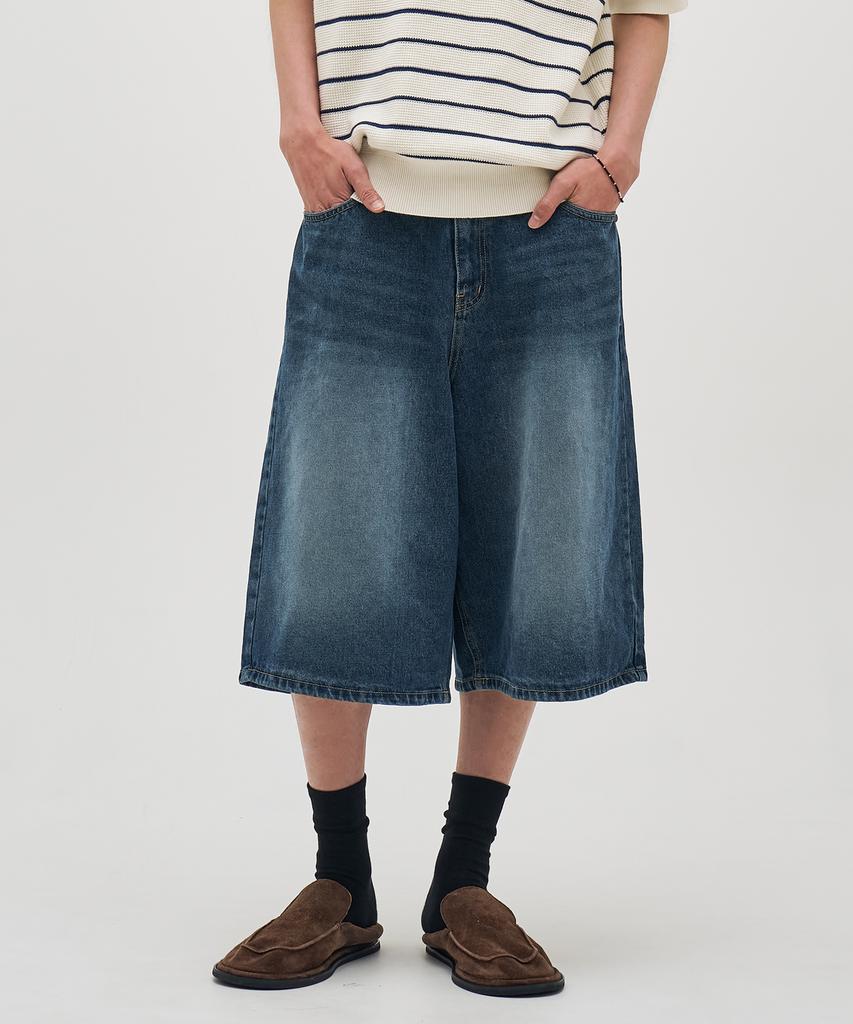 BASEMOMENT Washed Bermuda Denim Pants Medium Blue