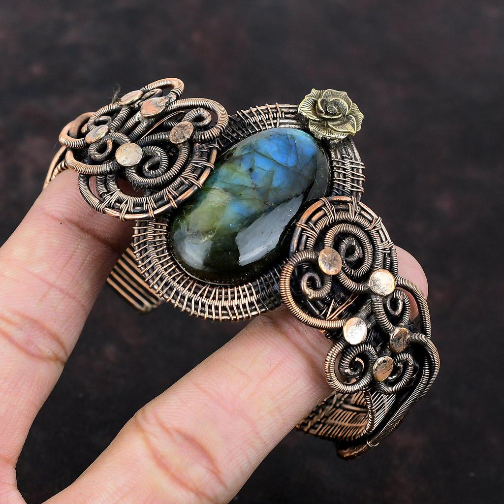 Labradorite Gemstone Cuff Bracelet Adjustable Bangle Copper Wire Wrapped Cuff Bracelet Flower Bangle Designer Copper Jewelry Handmade Bangle