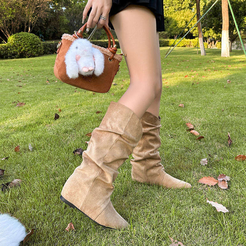 Inner Heightening Suede Pleated Stacking Boots Women's Autumn and Winter New Pointed Western Cowboy Boots Lapel Mid Boots Women's