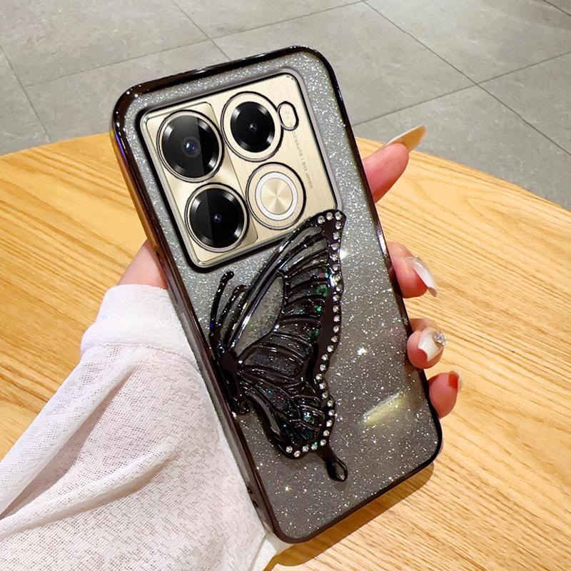 Chuan Yin Note40 Glitter Butterfly Stand Phone Case - Electroplated Diamond Flowing Sand Design for HOT40/GT20pro