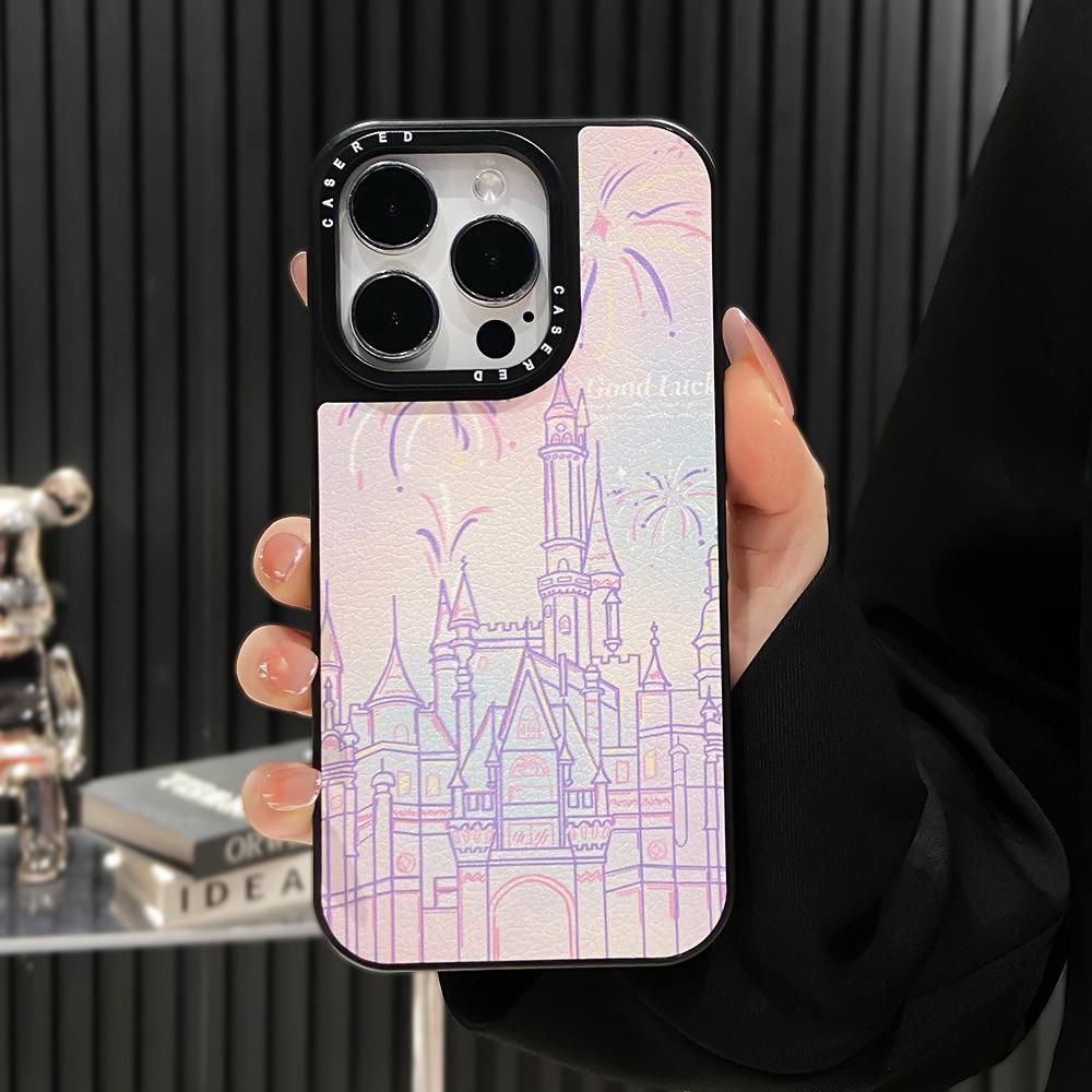Applicable iPhone16Pro mobile phone case ins Fireworks Castle Apple 15 leather pattern advanced anti-drop protective case 13