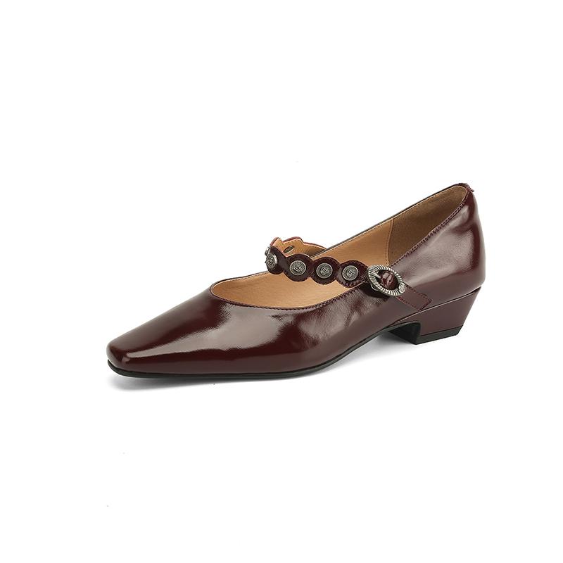 

Fashion NEW Spring/Autumn Women Pumps Square Toe Chunky Heel Shoes Genuine Leather Shoes for Women Concise Buckle Strap Mary Janes Shoe 34 вино красного