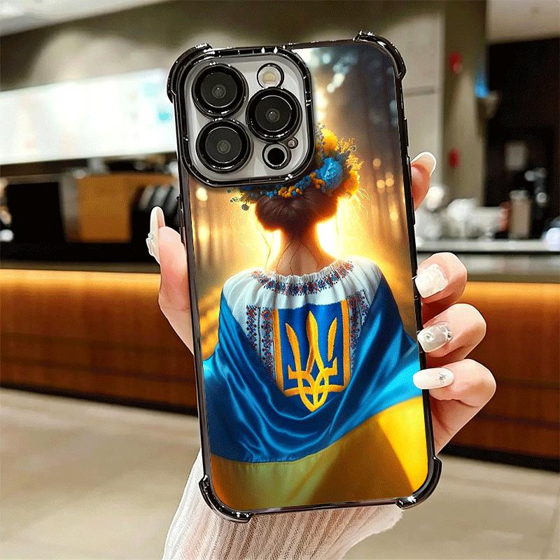Blue Yellow Ukrainian Girl Plating Phone Case For Iphone 16 17 Pro Max Air 16E 14 15 Plus 12 13 Mini Anti-Fall Airabag Cover