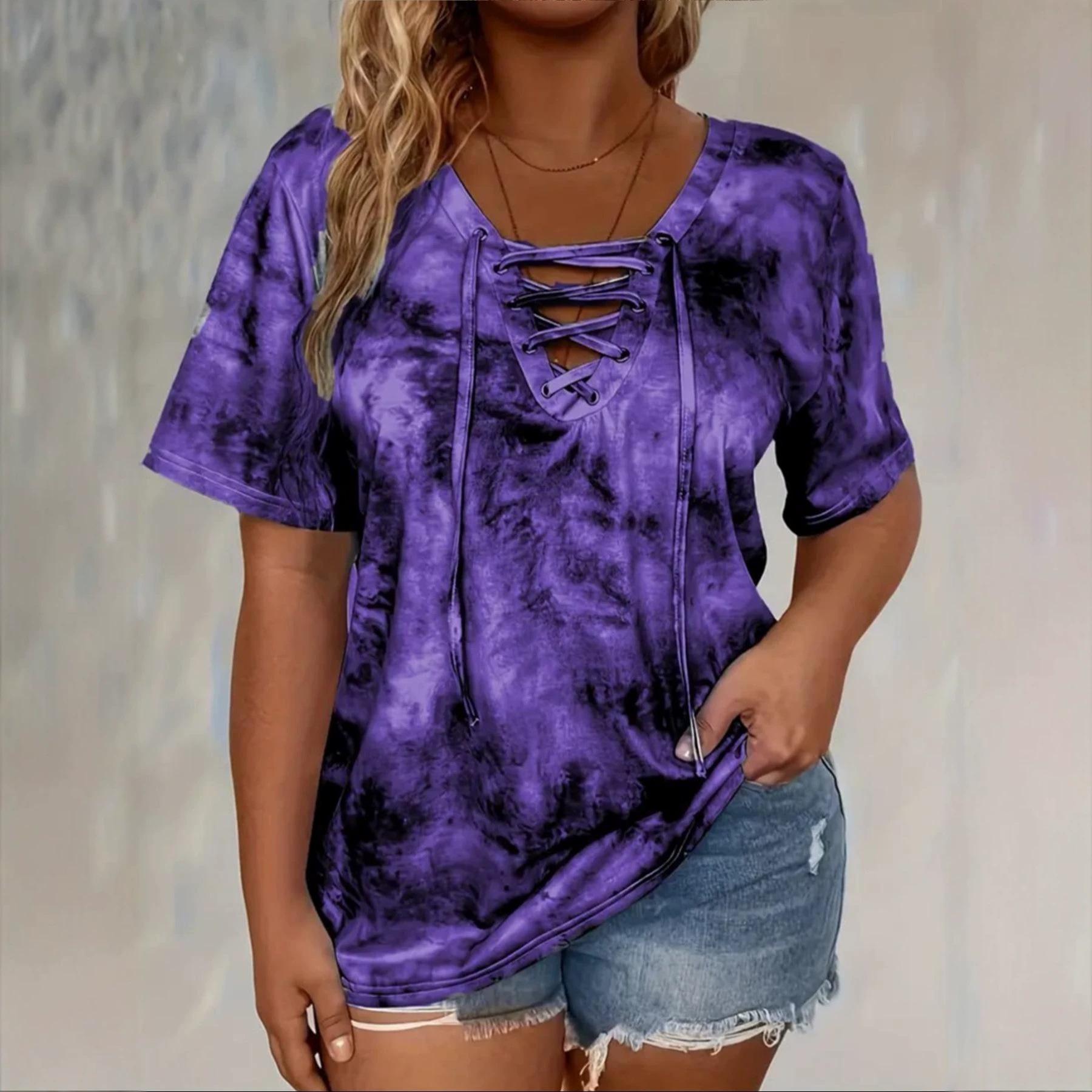 Womens Tie Dye V Neck Lace Up Short Sleeve Casual T Shirt S