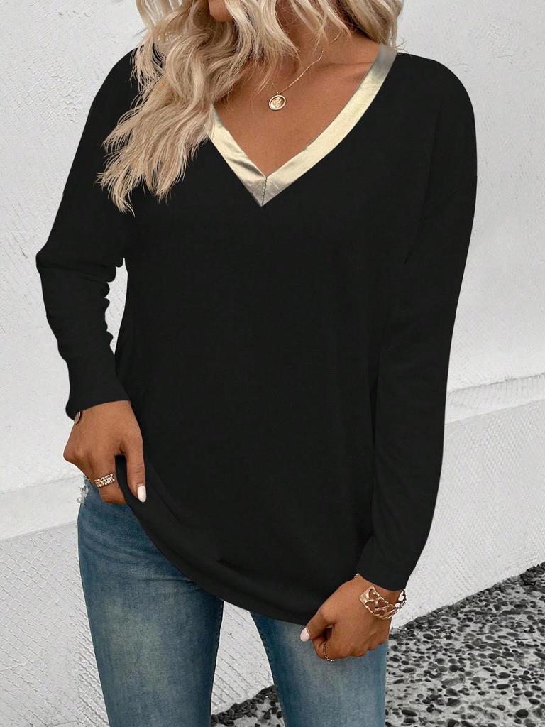 2025 Euro-American Autumn/Winter V-Neck Gold Long-Sleeve Casual T-Shirt