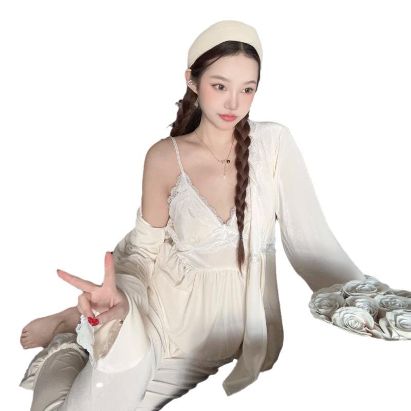 Lusi's French Gold Velvet Sexy Pajama Set: Camisole, Long Sleeve, and Long Pants.