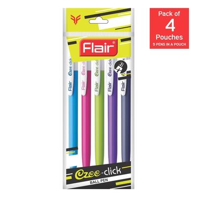 Flair Ezee Click 0.7 To 1 Mm Ball Pen Pouch Pack Retractable Comfortable Grip Smooth Writing Blue Ink Pack of 1 X 4 Pouch Total 20 Pen