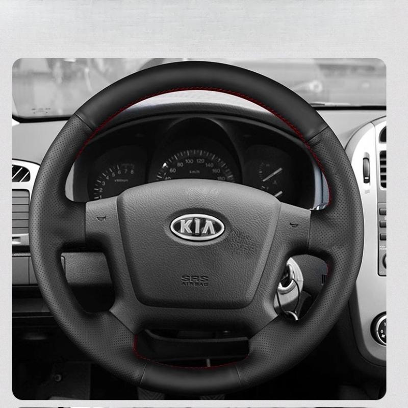 

Ручна строчка нековзна чорна шкіряна накладка на кермо автомобіля для KIA Cerato Spectra Spectra 5 2005-2012 Автозапчастини Red line style