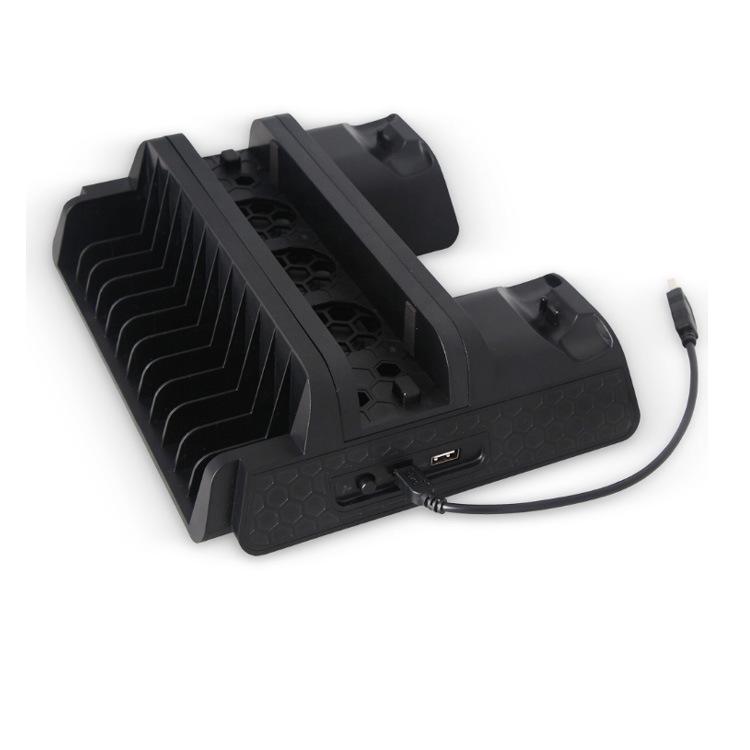 Chladicí stanice pro PS4/Slim/Pro: Multifunkční základna chladiče s ventilátorem, držákem disku a duální nabíječkou.