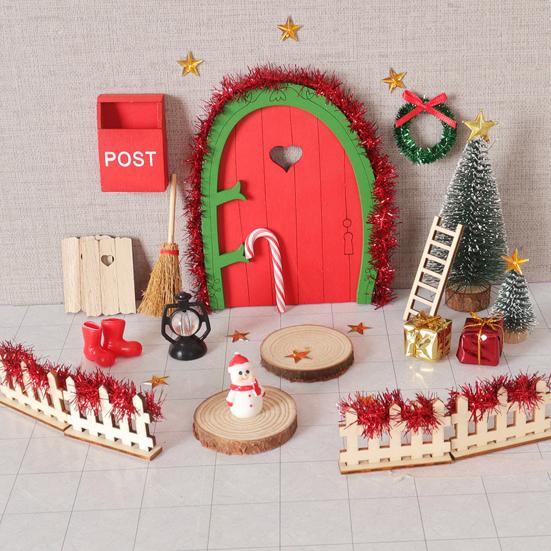 Miniature Christmas Scene Model Wooden Elf Door Set Handmade Mini Wood