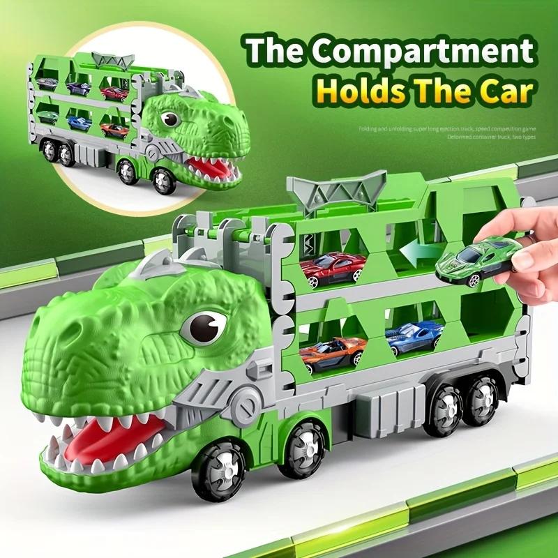 Dinosaur Large Car Toy T-Rex Truck Transforming Carrier Truck Race Track Foldable Truck With Racing Car Birthday Gift For Boys