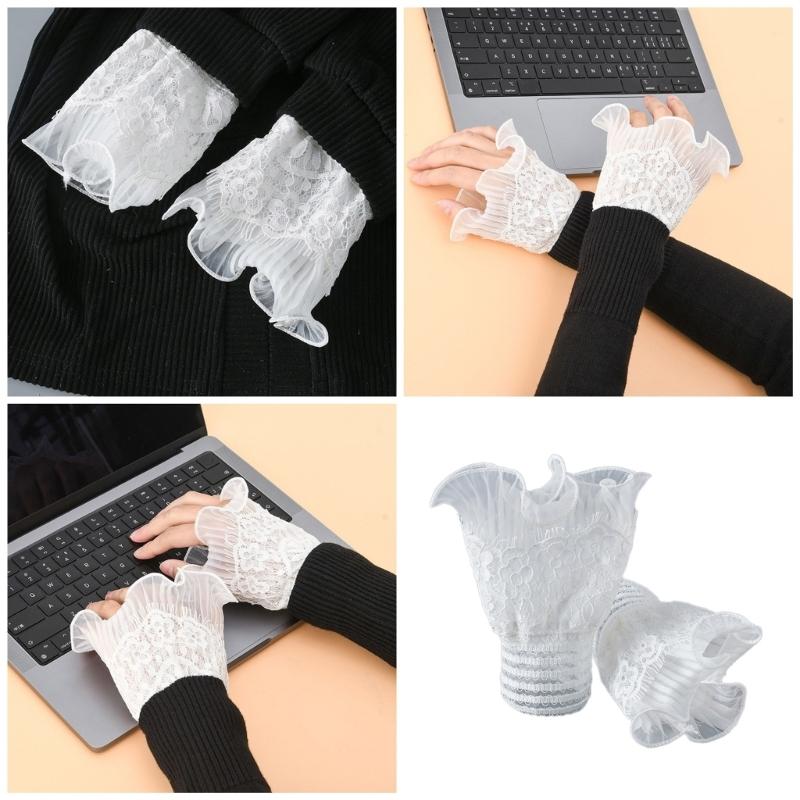 Womens GothicLace MeshLongGloves Floral Lace Wrist Cuffs Bracelets For Wedding Halloween Party Pack of 2