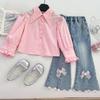 Girls' Pink Heart Knit Vest & Flare Jeans Three-Piece Set - 2025 Fashion Style