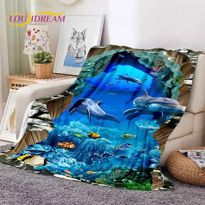 3D Illusion Underwater World Seabed Shark Dolphin Soft Flannel Blanket for Beds Bedroom Sofa Picnic,Throw Blanket Outdoors Gifts
