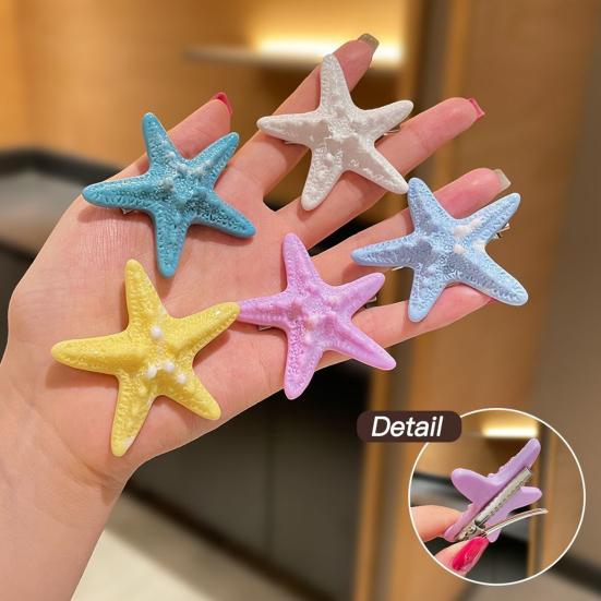 5PCS Girls Hairpin with Simulated Starfish Shape Hair Clip Stable Grip Macaron Colors Hair Accessory for Beach