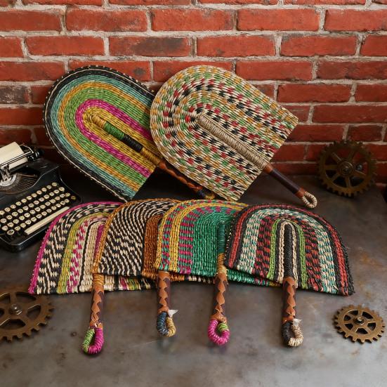 Handmade Straw Weaving Fan Natural Sea Grass Raffia Fan with Long