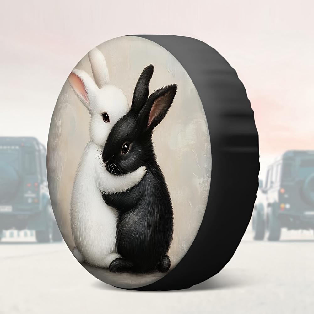 1pc 2D Flat Printing Car Tire Cover - Black & White Rabbits Hugging Design, Durable Polyester Fabric, No Electricity Needed, Off