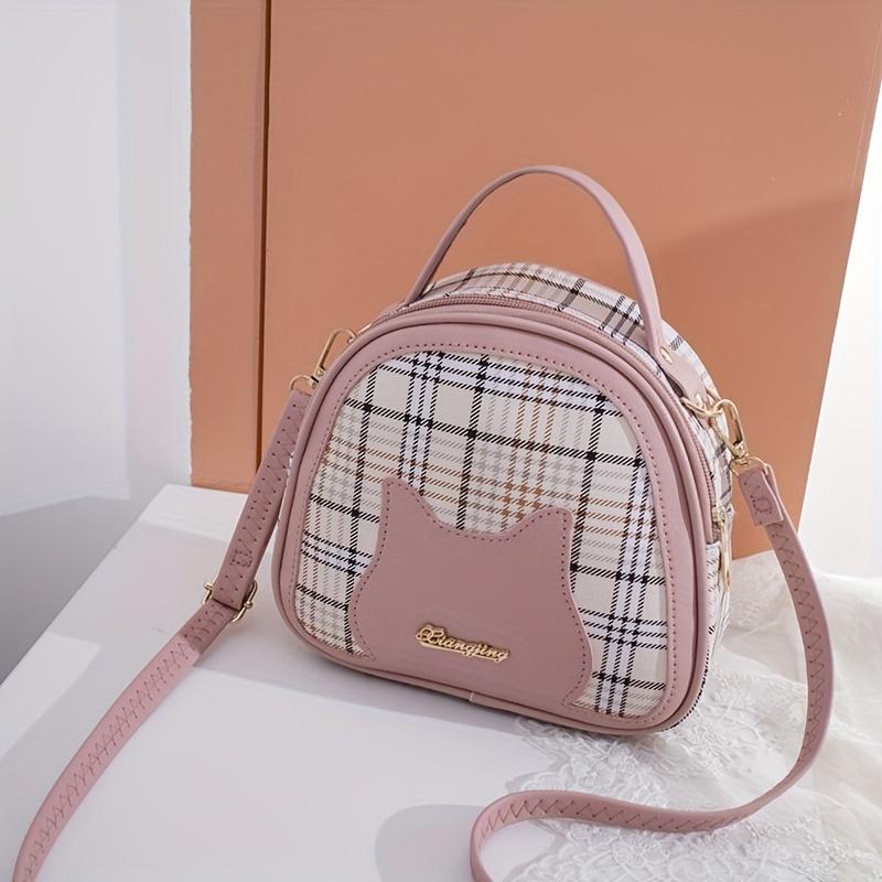 Plaid Cat Handbag Stylish Plaid Cat Face Handbag Adjustable Strap Zipper Closure Perfect for Casual Outings Travel розовый 1000₽