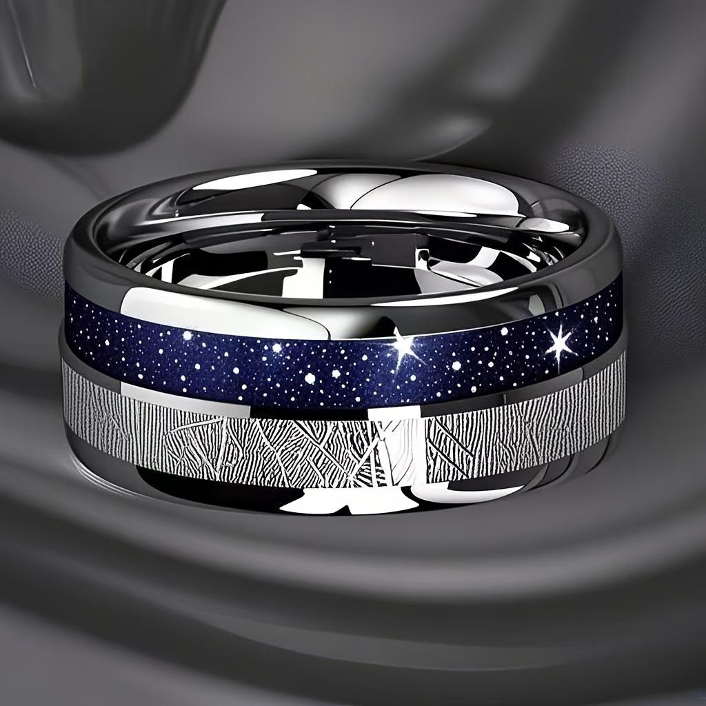 Bagues Fashion Ciel étoilé Bleu Foncé & Incrustation Météorite 8mm Couleur Cuivre Acier Inoxydable pour Hommes Femmes Bijoux de Mariage