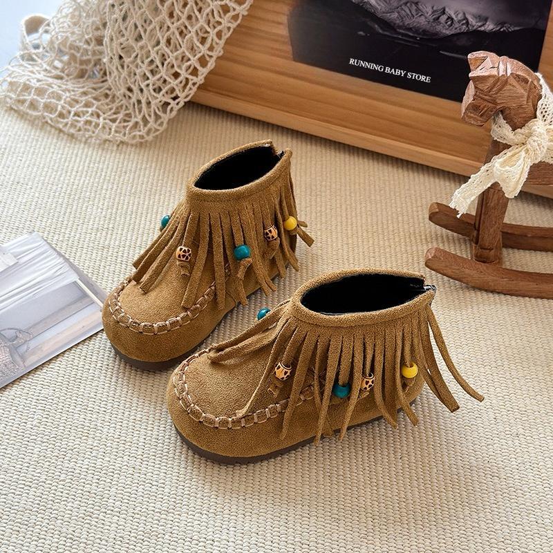 Vintage Velvet Princess Short Boots for Student Bohemia Style Hanging Beads Winter Suede Shoes Fringe Girl's Boots Tassel I09201