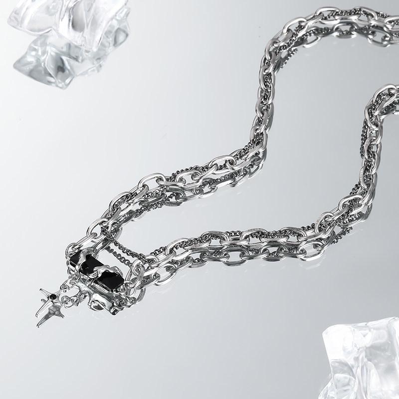 Men's Trendy Black Zirconia Cross Pendant Necklace - Versatile Clavicle Chain for Boys