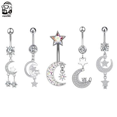 1 stücke Mond Bauchnabel Ringe 316L Stahl Zirkon Anhänger Nabel Piercing Ring für Frauen Körper Bauch Piercing Schmuck Silber Farbe