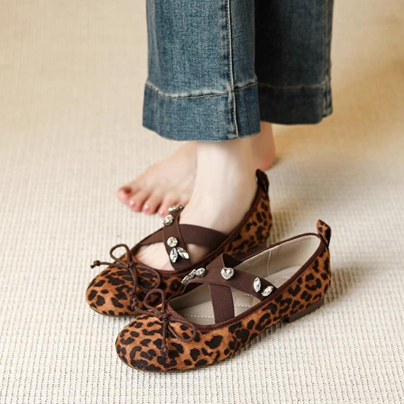 Elegant Embroidered Bow Design Ballet Flats Women Luxury Crystal Cross Tied Leopard Print Mary Jane Shoe Cozy Lightweight Loafer