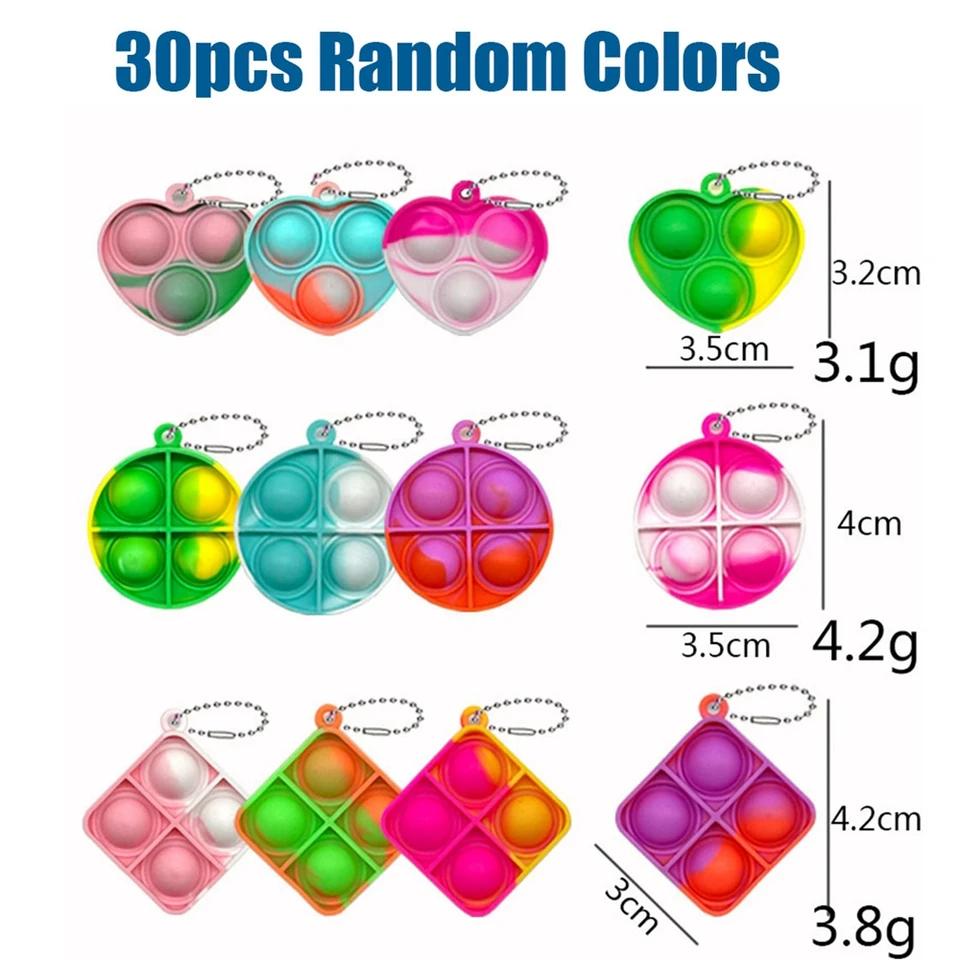 30Pcs Mini Pop Fidget Stress Relief Toys Bubble Squeeze Keychain Toys for Kids Adults Decompression Reduce Pressure Gifts