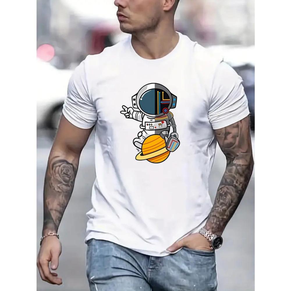 

Cartoon astronaut graphic print men s creative top casual short-sleeved crew neck T-shirt summer outdoor men s clothing S