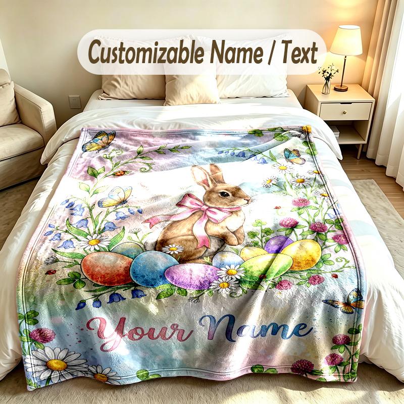 Easter Bunny Theme Soft Blanket Personalized Custom Name Text Print Warm Blanket Home Sofa Bedroom Decor