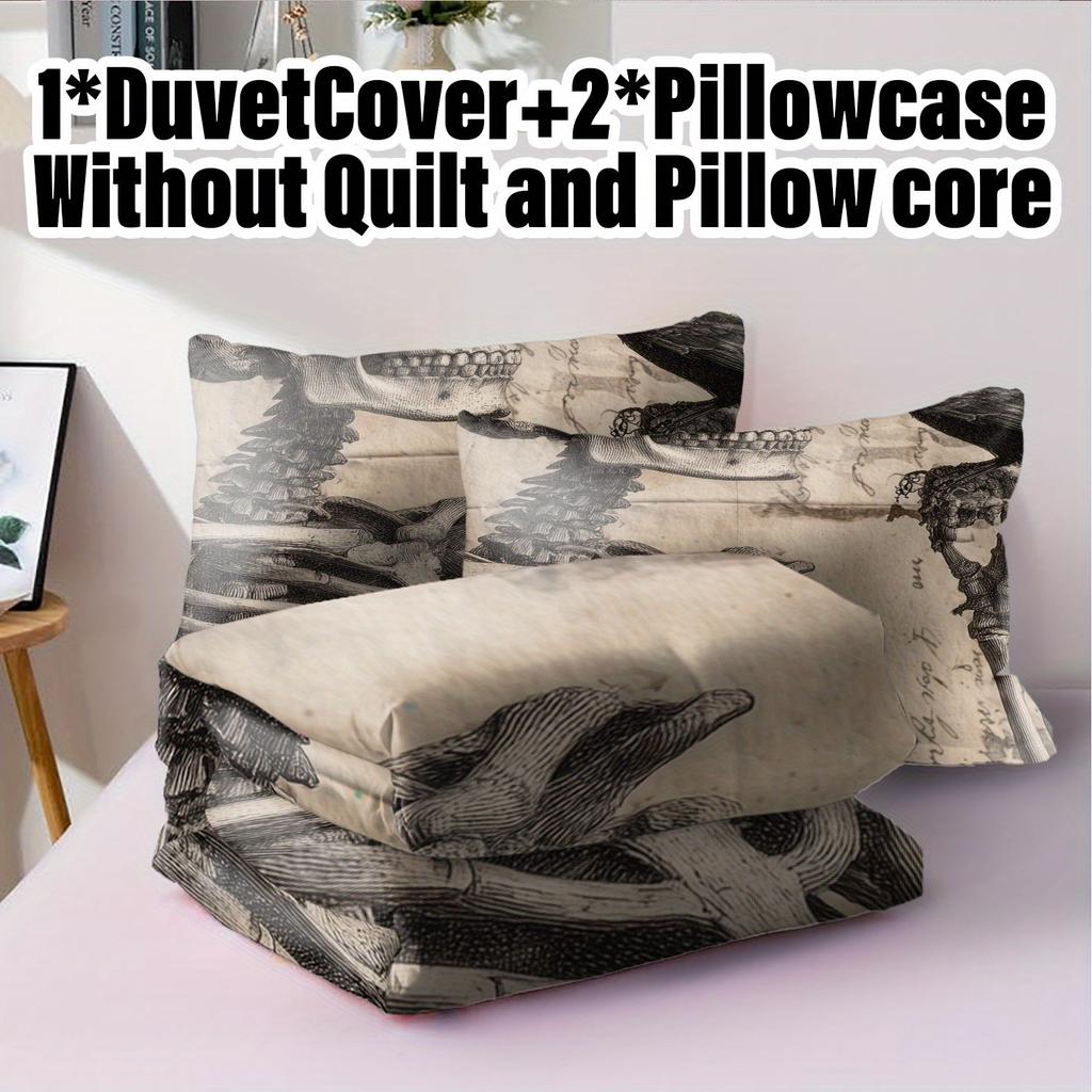 3pcs Halloween Pumpkin Monster Duvet Cover Set Without Core, Quilt Cover with 2 PillowcasesSoft and Machine Washable Skeleton