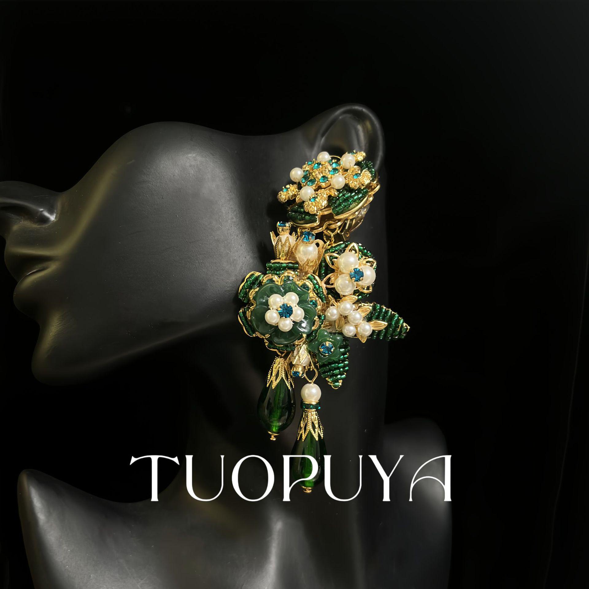 European Retro Handmade Floral Ear Clips with Glass Pearls