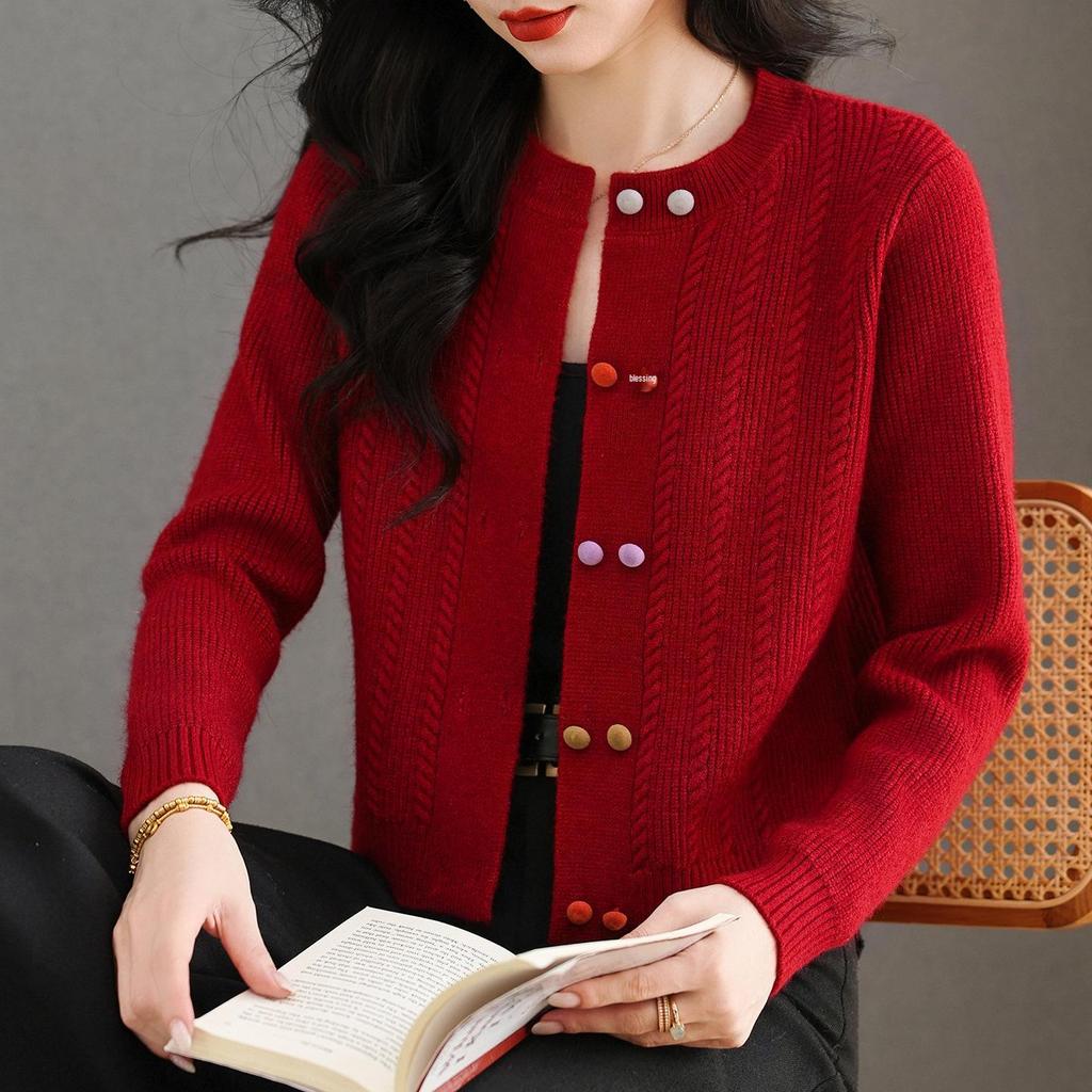 Women's Wool Knit Cardigan - Autumn 2025, Round Neck, Colorful Buttons, Short Sweater Coat