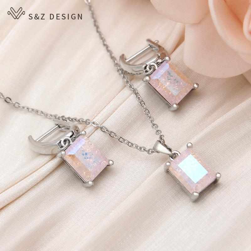 Moda Retângulo Gelo Crack Cristal Brincos Conjuntos de Jóias Para Mulheres Pingente Colar Cor Ouro Rosa