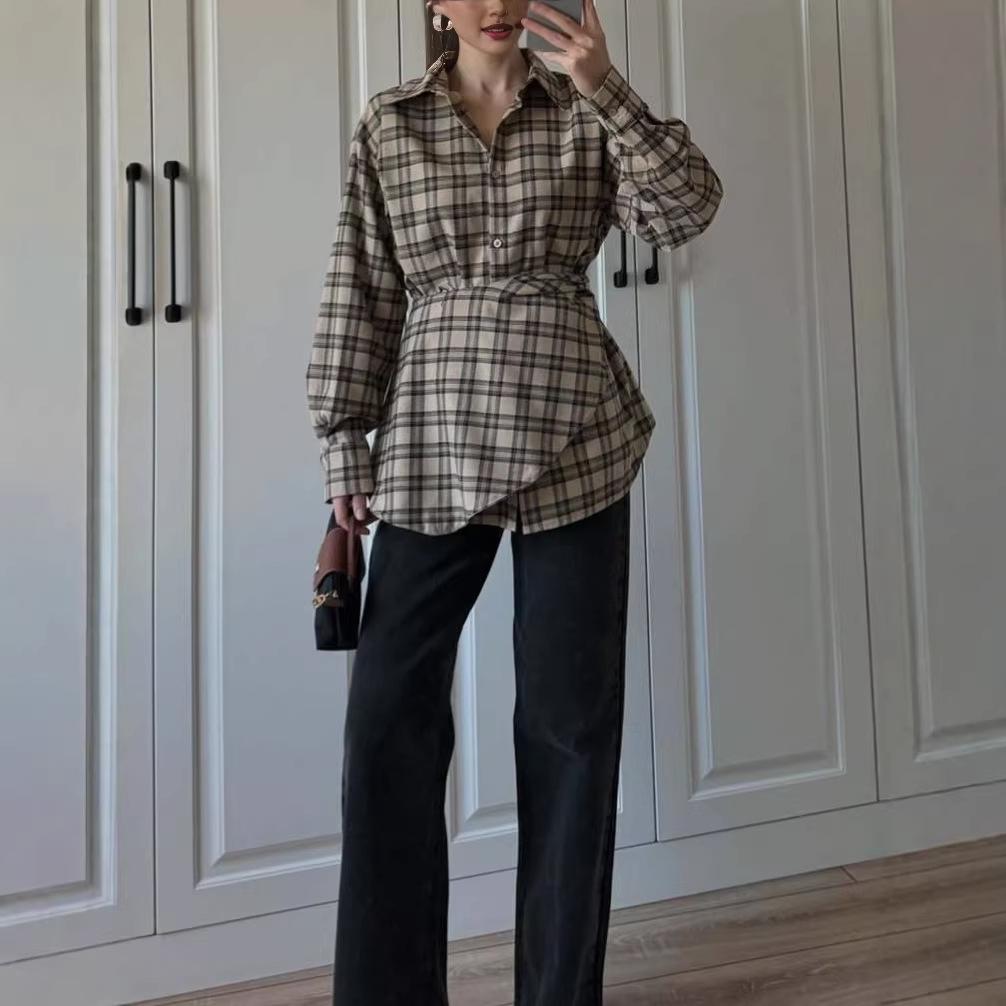 Ensemble chemise à carreaux et châle pour femmes européennes et américaines 2026: Mode Trois-en-un à Manches Longues avec Taille à Nouer.