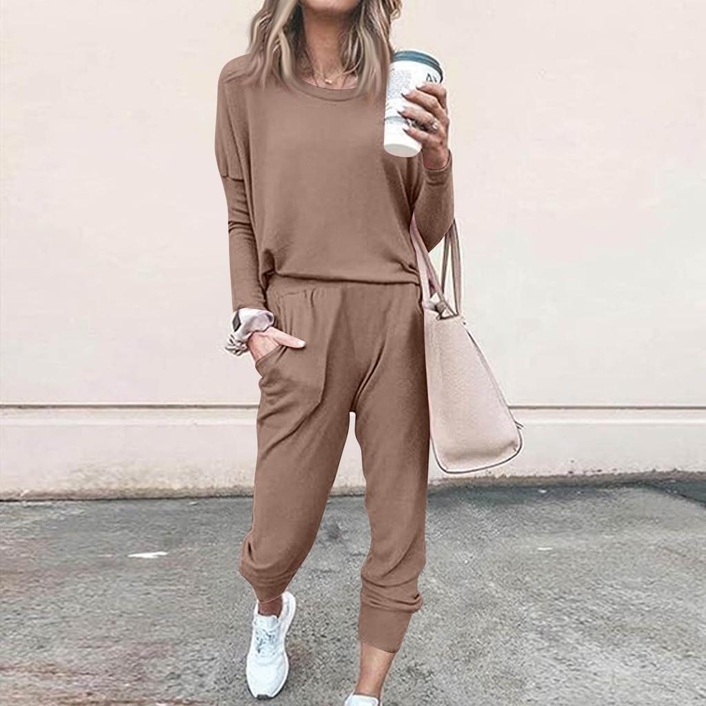 Sets For Women 2 Piece Round Neck Long Sleeve Shirts Colid Sweatpants Pocket Sets