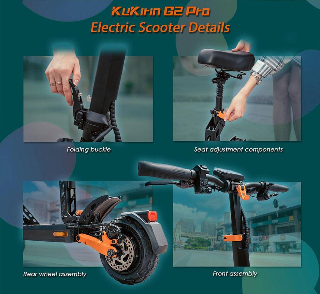 Elektromos roller összecsukható Kukirin G2 Pro 600W motor végsebesség 45Km/h kivehető üléssel 48V 15.6AH hatótáv 58Km terhelhetőség 120Kg