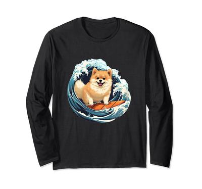Pomeranian Funny Dog Surfing Summer Cute Kids Funny Clothes Goods Jokes Present Long Sleeve T-shirt Men's T-shirt