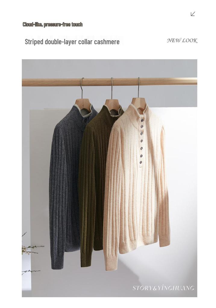 2025 A/W Women's Cashmere Turtleneck Sweater - Buttoned Striped Knit Outerwear