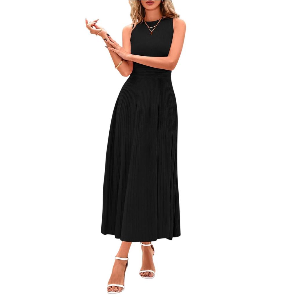 Frühlings-Freizeitkleider für Damen Sommer Business Arbeit Midi Ärmellos A-Linie Plissiertes Cocktailkleid