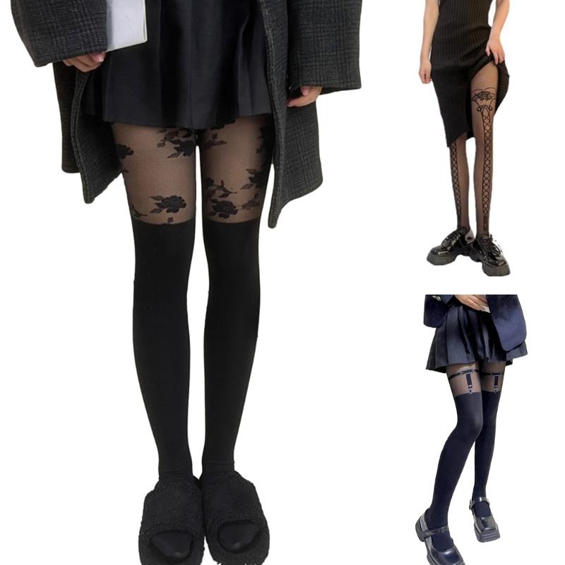 Sexy Women Faux Thigh High Socks Pantyhose Japanese JK Cute Jacquard Pattern Patchwork Stockings Mock Suspender Tights